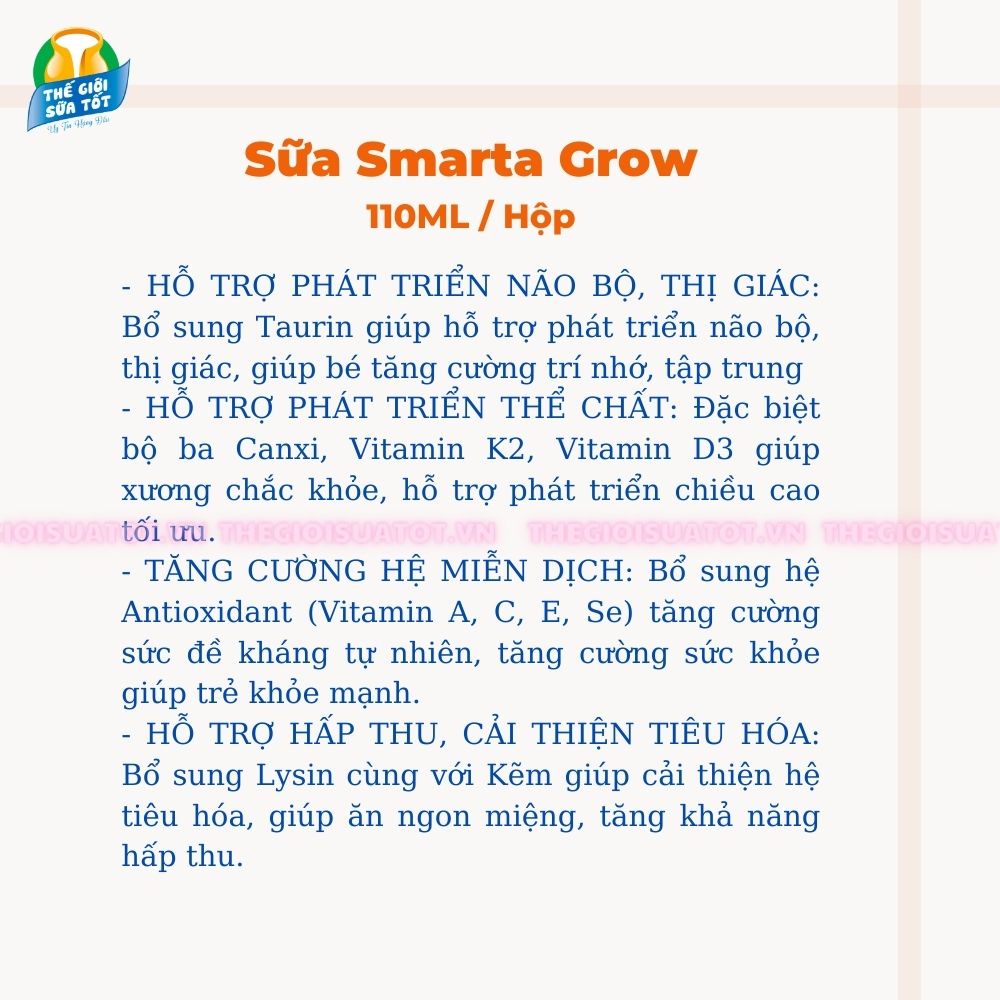 Thùng 48 Hộp Sữa Smarta Grow Pha Sẵn 110ml - Giúp Trẻ Cao Hơn Thông Minh Hơn thegioisuatot