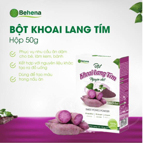 Bột khoai lang tím Behena nguyên chất 100%, bổ sung dinh dưỡng và tốt cho hệ tiêu hóa - Hộp 50g