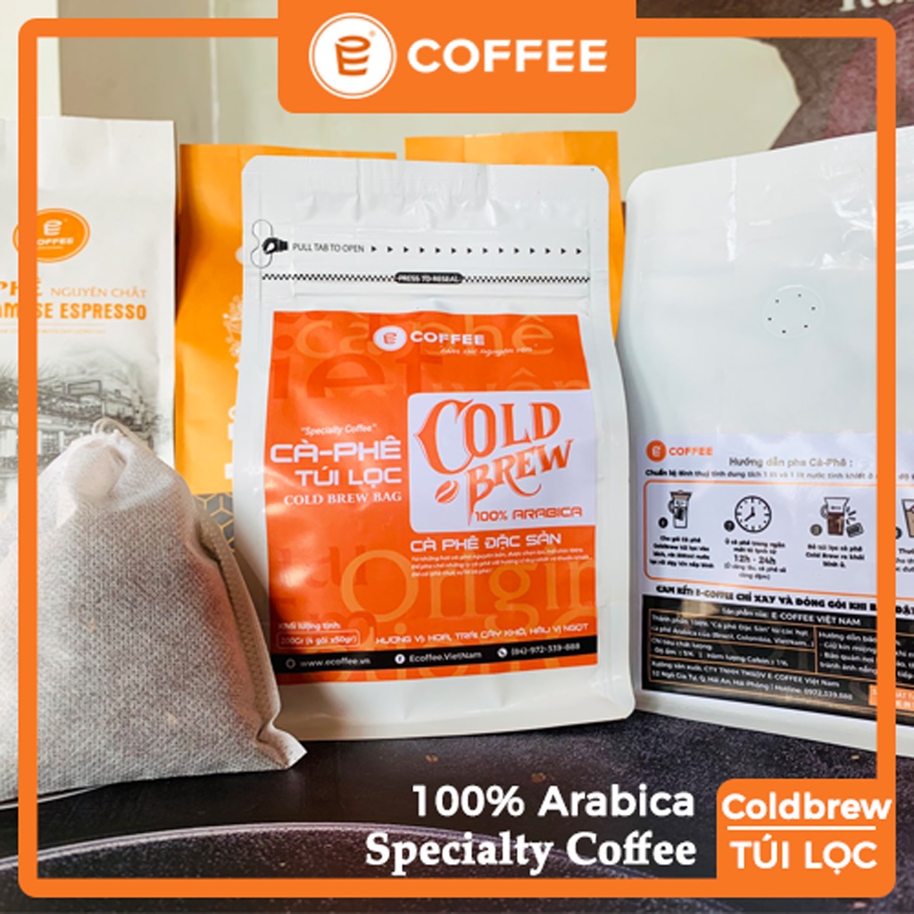 Cà phê cold brew túi lọc E COFFEE dòng cà phê đặc sản Arabica Specialty Coffee hương trái cây khô hậu ngọt (4 túi x 50g)
