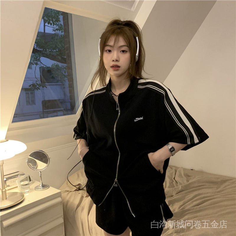Áo Khoác Cardigan Ngắn Tay Cổ Đứng Dáng Ôm Họa Tiết Kẻ Sọc Màu Đen Phối Khóa Kéo Thời Trang Mùa Hè Cho Nữ