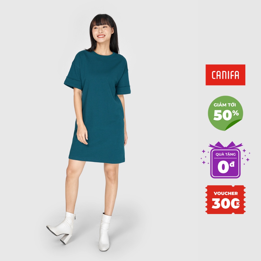 Váy nữ CANIFA dáng suống ngắn cotton cổ tròn tay cộc màu đen đỏ xanh - 6DS20W023