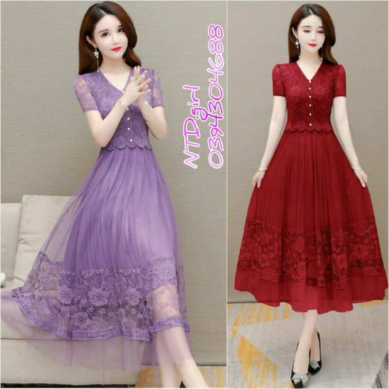 Hàng nhập - Đầm dáng xòe lụa phối chân ren hoa lộng lẫy, váy dự tiệc phong cách tiểu thư cổ V tay ngắn