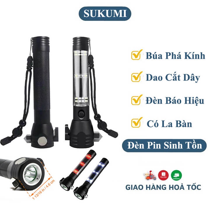 Đèn Pin Đa Chức Năng Có Búa Phá Kính, Dao Cắt Dây, Đèn Pin Tuần Tra Cứu Hộ Có La Bàn Sạc Năng Lượng Mặt Trời