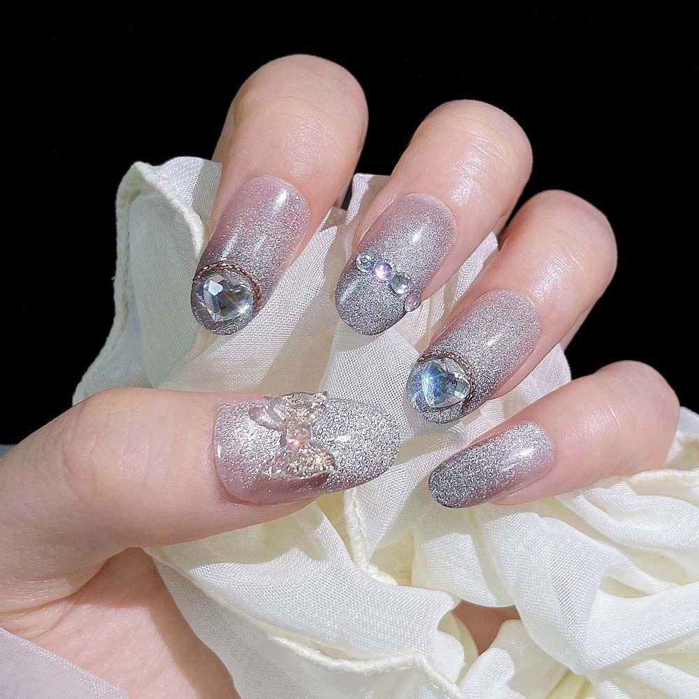 OCEANMAP Bộ Móng Tay Giả Đính Nơ Lấp Lánh Thời Trang Cho Nữ