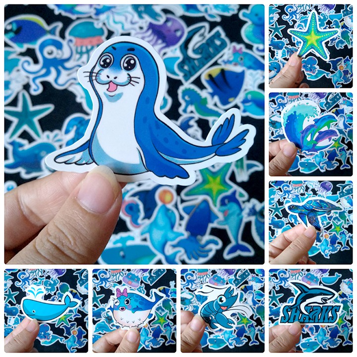 Miếng dán Sticker chủ đề màu xanh đại dương biển cả - trọn bộ 50 hình - In rõ ràng sắc nét khó tróc