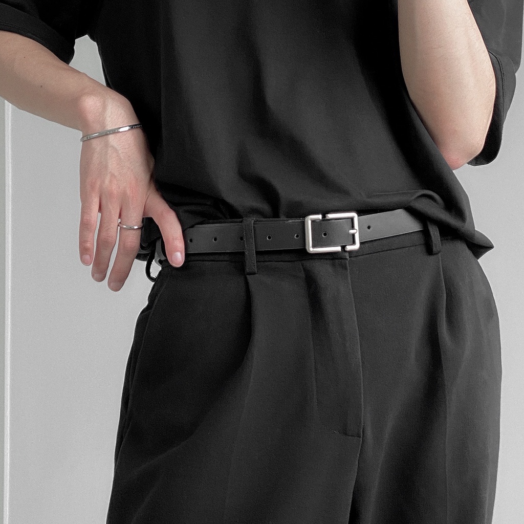 Thắt lưng nam nữ bản nhỏ BROO Belt màu đen đẹp, dây nịt lưng unisex da PU mặt vuông chữ nhật Hàn Quốc