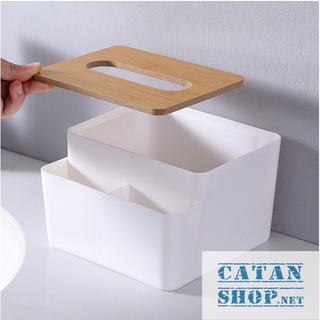 Hộp đựng giấy ăn để bàn nắp gỗ có ngăn để đồ đa năng, hộp khăn giấy nắp gỗ kèm khay để đồ tiện dụng gd554-nago-2ngan