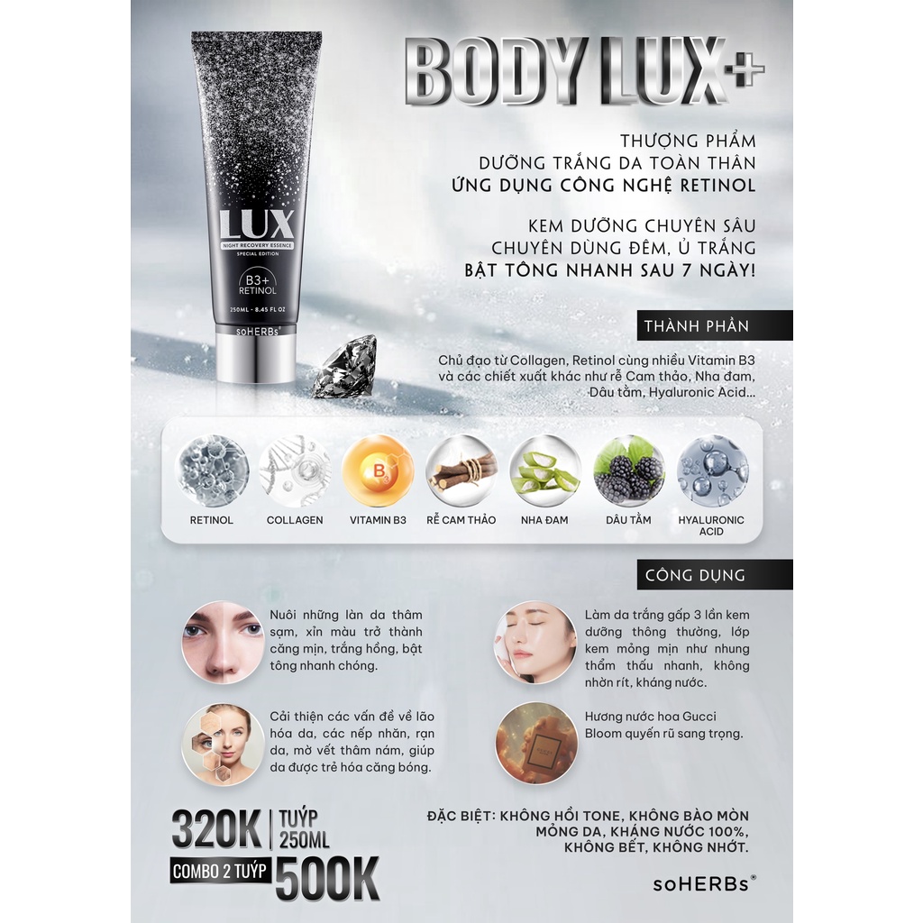 Kem body lux soherb dưỡng trắng da hộp 250g
