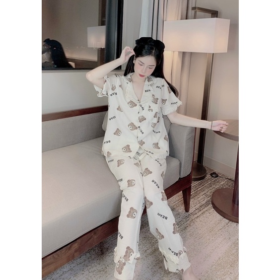 Bộ pijama viền bèo chất đũi xốp mặc nhà nữ siêu xinh