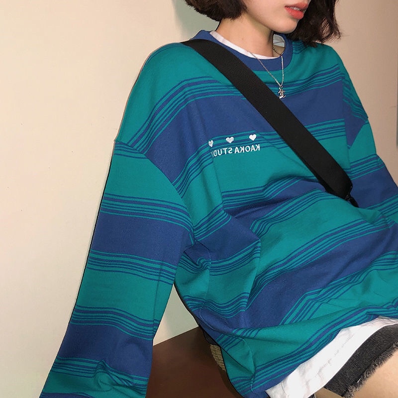 Áo Sweater Nỉ Lót Bông Tay Dài Form Rộng Kẻ Sọc Ngang Cực Phong Cách