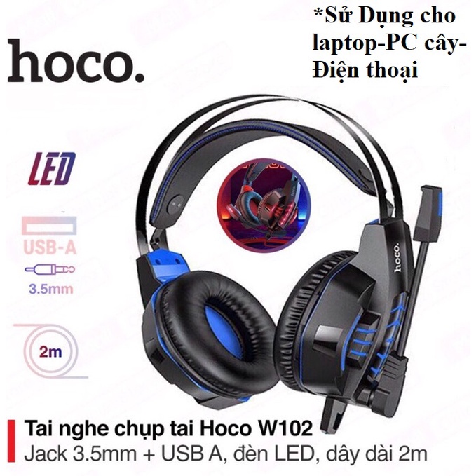 Tai nghe chụp tai máy tính chơi game có dây HOCO Touring có micrô đa hướng 3,5 mm cho mic  Đèn led có mic