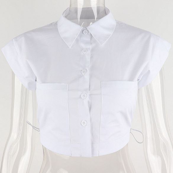 Áo croptop sơ mi tay ngắn eo rút dây màu trắng HAC131 Hỉn Hỉn Store