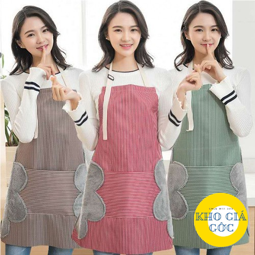Tạp dề kẻ hoa có khăn lau tay bên hông, tạp dề chống thấm nước