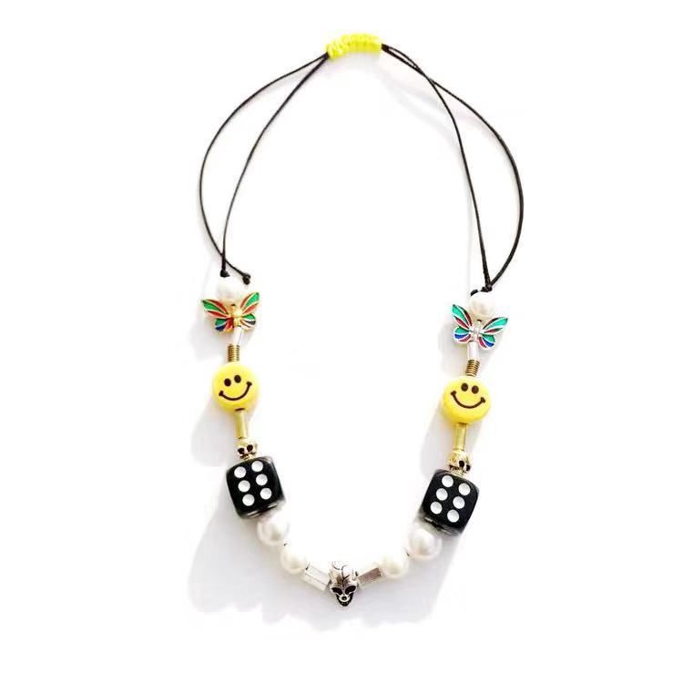 Vòng cổ mặt hình xí ngầu đầu lâu bướm mặt cười và ngọc trai giả thời trang hip hop cho nam và nữ