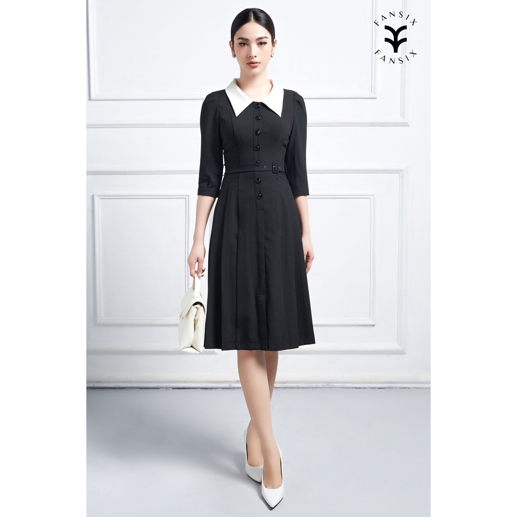 Đầm chữ A tay lỡ phối cổ sơ mi FANSIX - DL17 thiết kế tay bồng, vải mango dày dặn, 2 màu sang chảnh kèm đai. | BigBuy360 - bigbuy360.vn