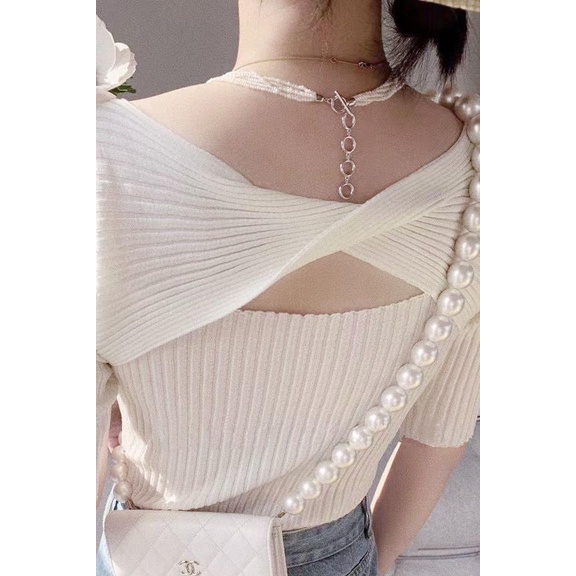 Áo Thun Dệt Kim Tay Ngắn Cổ Tròn Thiết Kế Đan Chéo Quyến Rũ