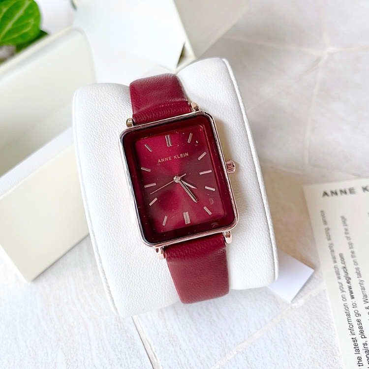 Đồng hồ nữ ANNE KLEIN model AK/3702RGBY mặt chữ nhật cổ điển tone đỏ đô sang trọng