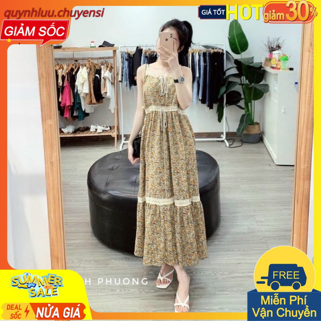 VN109 - VÁY 2 DÂY HOA VÀNG PHỐI REN TẦNG NỮ