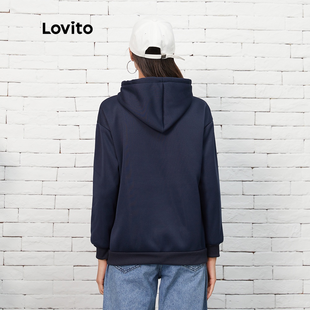 Áo sweatshirt Lovito có mũ trùm đầu phối dây rút in chữ đơn giản L07182 (màu xanh dương đậm) | BigBuy360 - bigbuy360.vn