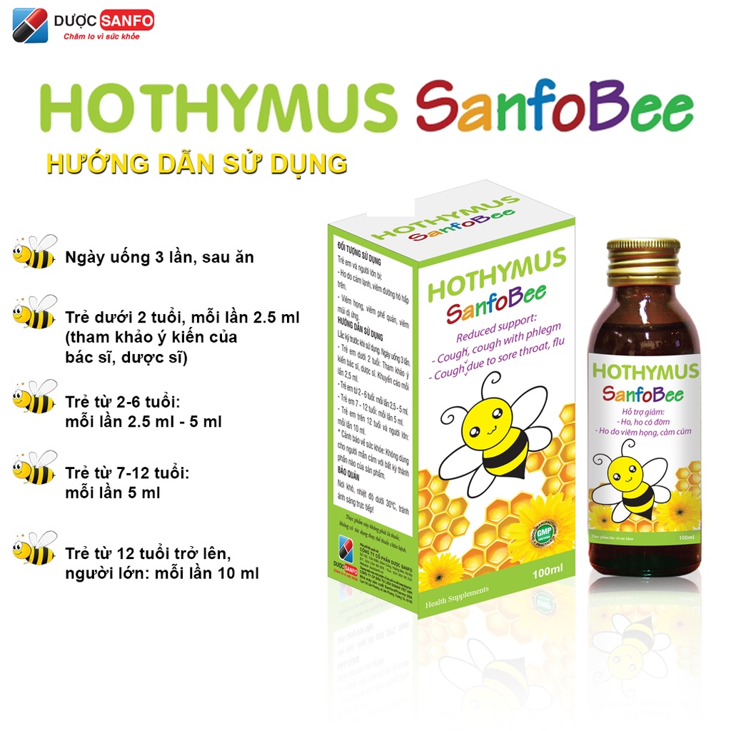 Siro Ho Thymus SanfoBee Giảm ho, long đờm, sát khuẩn hoàn toàn từ thảo dược chai 100 ml