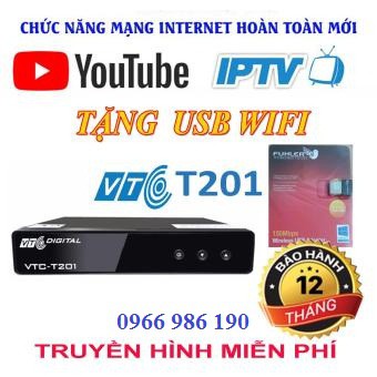 Đầu thu Kĩ thuật số mặt đất VTC-T201 Tặng anten và dây 15m, usb thu wifi xem youtube.