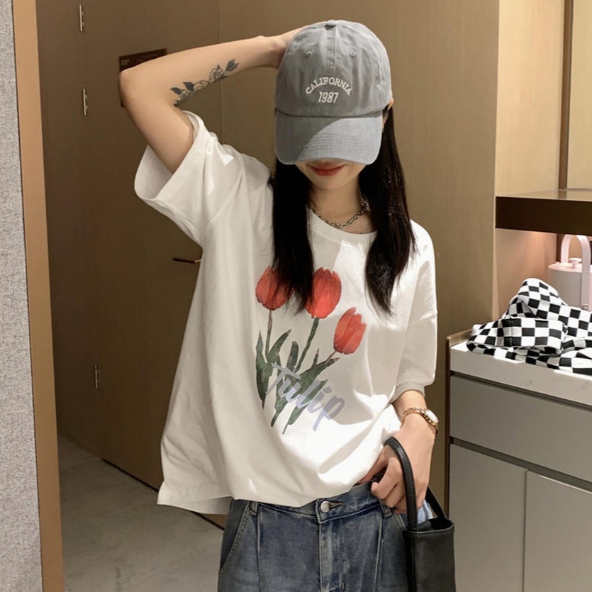 Áo thun Peppermint 50157 cổ tròn in hình hoa tulip thời trang cho nữ