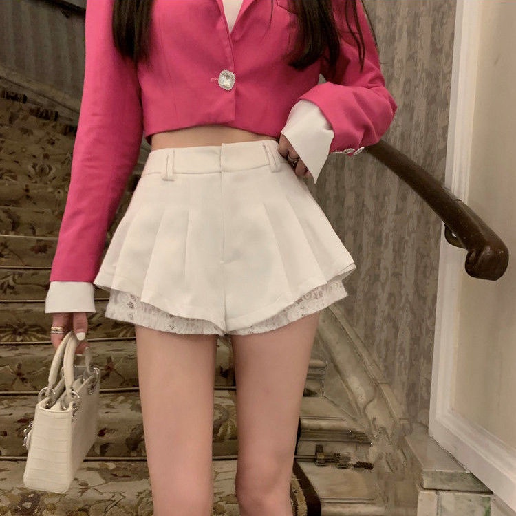 Jiashucheng Quần Culottes Viền Ren Ống Rộng Lưng Cao Xếp Ly Ngắn Hakama Dễ Phối Đồ Thời Trang Mùa Hè Cho Nữ