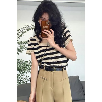 Áo Len Ngắn Tay Họa Tiết Kẻ Sọc Thời Trang Mùa Hè Cho Nữ
