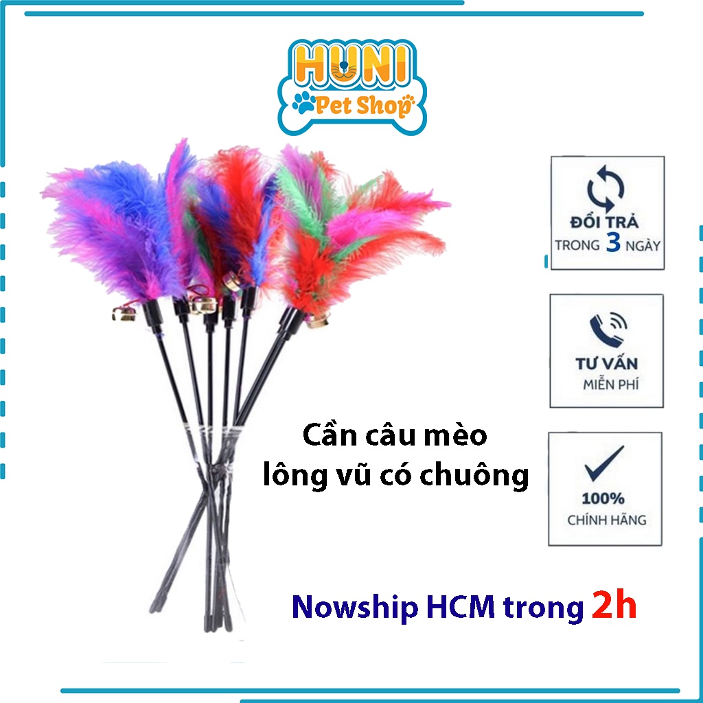 Đồ chơi cho mèo cần câu mèo thẳng lông vũ, chuông - Đồ chơi mèo cho vờn bắt, thư giãn Huni Petshop