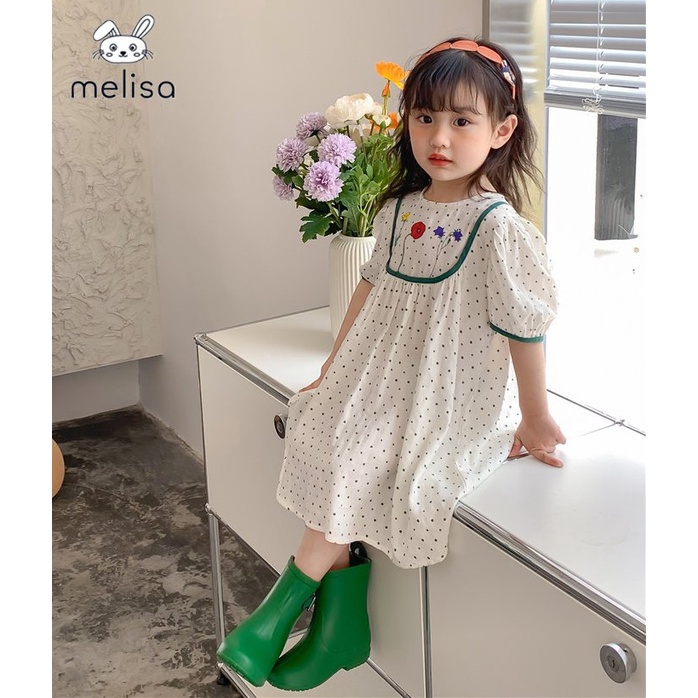 Đầm vải bé gái BIgbaby, chất thô hàn thoáng mát họa tiết chấm bi thêu hoa cho bé 10-24kg 13655