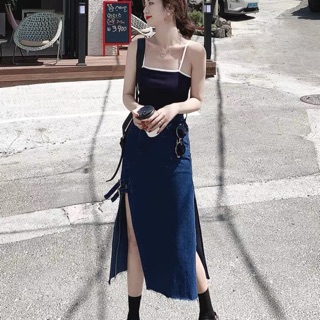 Chân váy Jeans midi xẻ tà Vintage Sành điệu- Ord