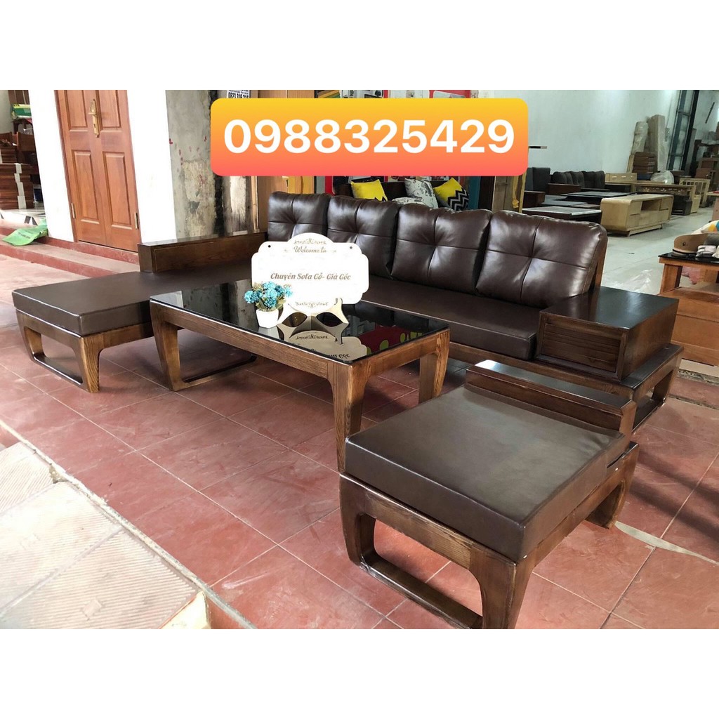 SOFA GỖ CHỮ L 2M7X1M8 ĐỆM DA NỈ CAO CẤP