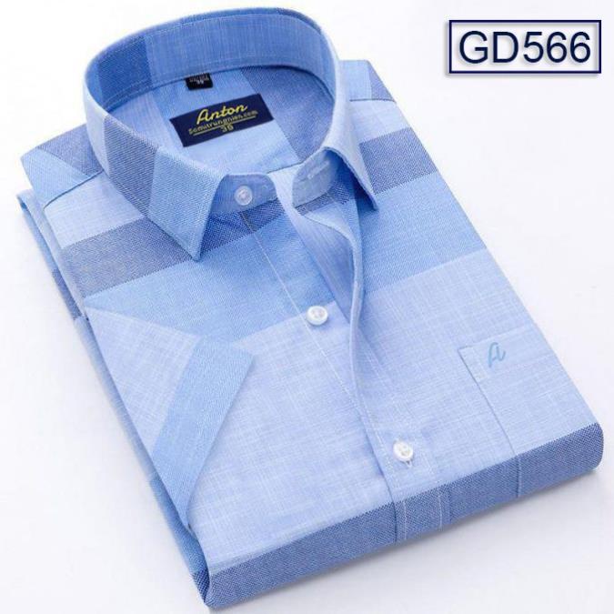 Áo Sơ Mi Nam Công Sở Trung Niên Thương Hiệu Anton Ngắn Tay Vải Sợi Tre Kẻ Caro Xanh Dương - GD566 *