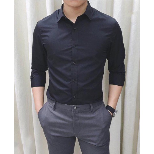 Áo sơ mi nam dài tay đen, vải lụa Thái không nhăn (Slim Fit)