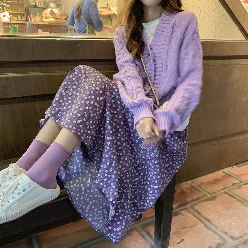 (ORDER) Set áo len Cardigan nữ + Chân váy hoa xòe dài chấm bi màu tím đáng yêu - Có ảnh thật