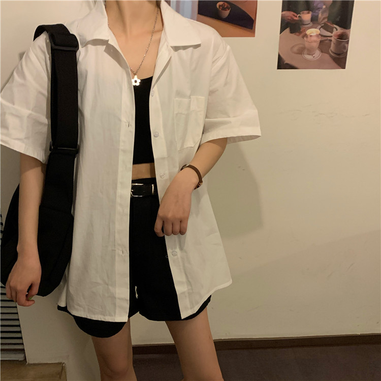 Áo Sơ Mi Nữ Tay Ngắn Trơn Màu Phong Cách Hàn Quốc | BigBuy360 - bigbuy360.vn