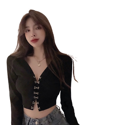 Áo thun QKOOLE tay dài cổ chữ V thời trang Hàn Quốc gợi cảm cho nữ