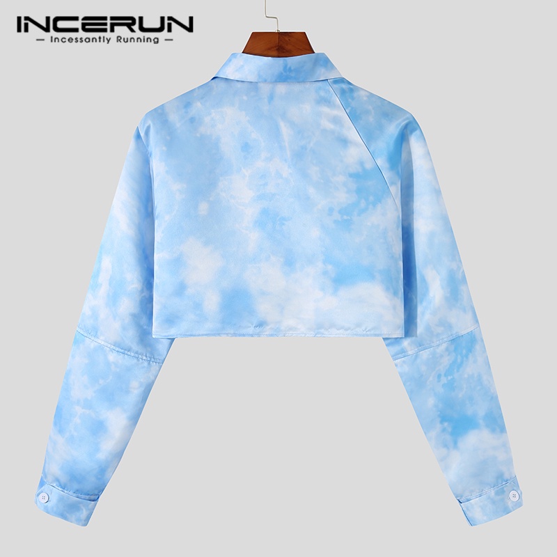 Áo sơ mi croptop INCERUN tay dài màu xanh nhuộm thời trang cho nam