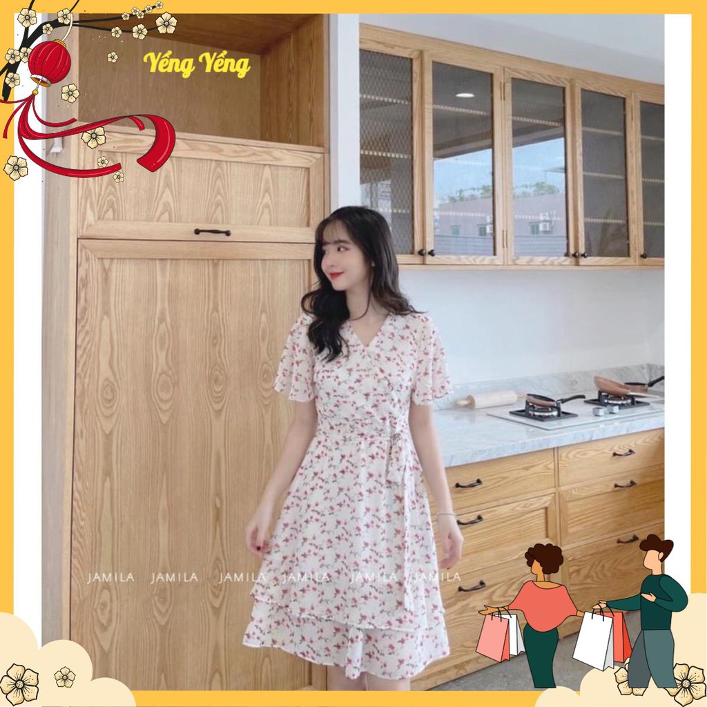 VNU303 - VÁY HOA HỒNG NHÍ CỔ V XẾP TẦNG NƠ EO