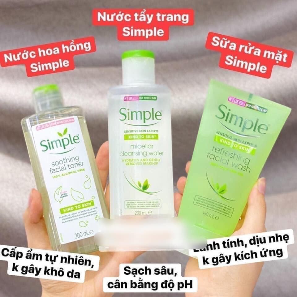 [Hỏa tốc HCM] Combo Simple, nước hoa hồng, sữa rửa mặt, tẩy trang Simple cân bằng da giúp da sạch khỏe và đàn hồi