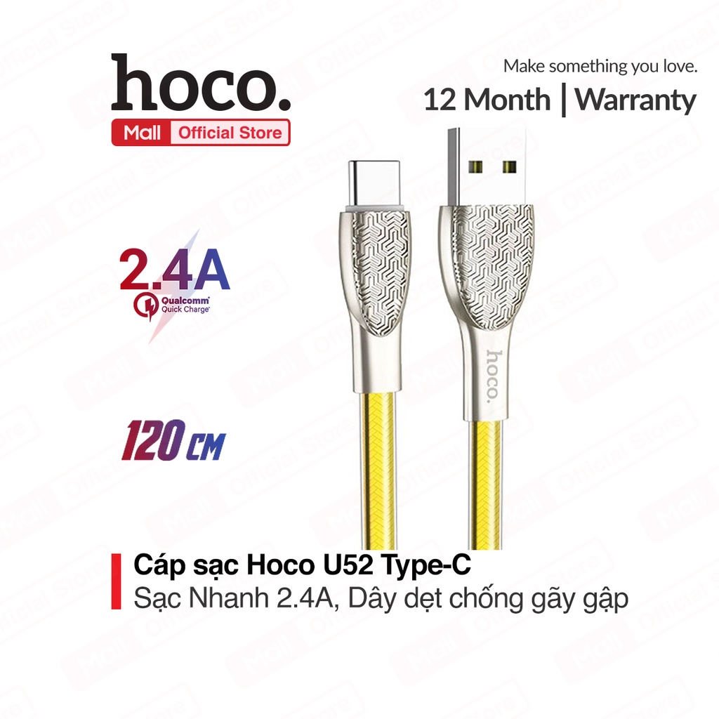 Cáp sạc 2.4A Hoco U52 Type-C dây dẹt siêu bền cho Android dài 120CM