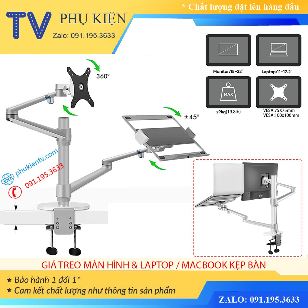 Giá Treo Màn Hình 15 - 32 Inch Kèm Kệ Đỡ Laptop - Macbook - Ipad 11 - 17.2 Inch - Hợp Kim Nhôm Cao Cấp - Model: OL-3L