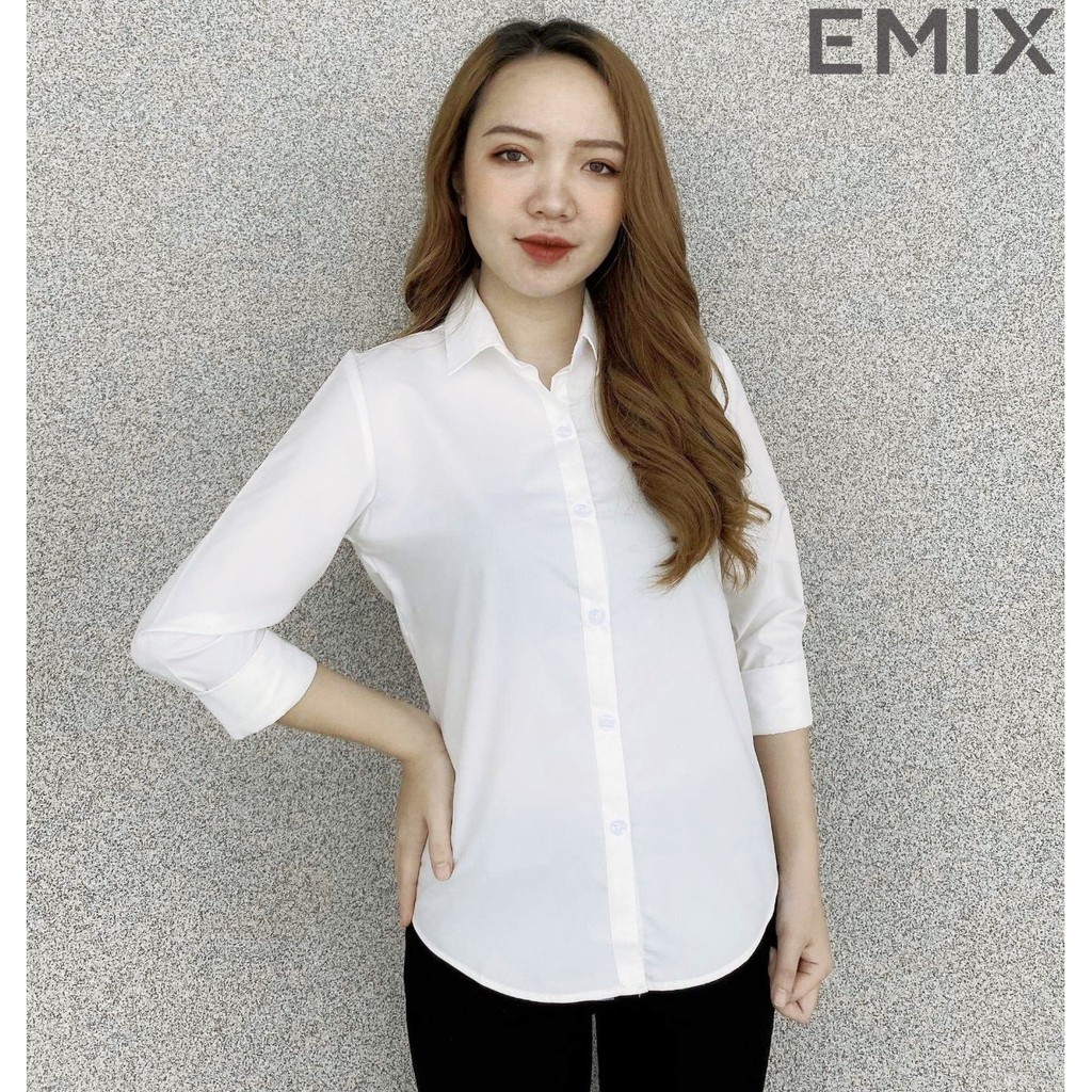 Áo sơ mi nữ công sở EMIX (màu trắng), dài tay, form rộng, cổ sơ mi, chất lụa thô mềm mịn, không nhăn, không lộ a65