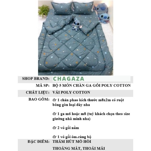 Trọn bộ 5 món ga gối chăn phao poly cotton có ruột bông dày loại 1