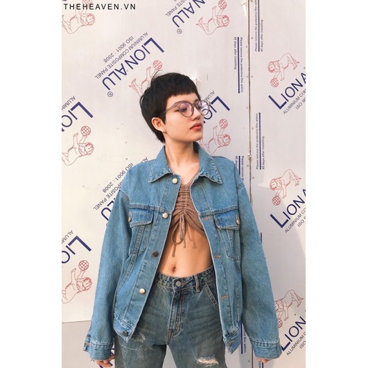 Áo khoác jean form rộng Xanh Vintage ánh Rêu 6 túi cá tính phong cách Ulzzang