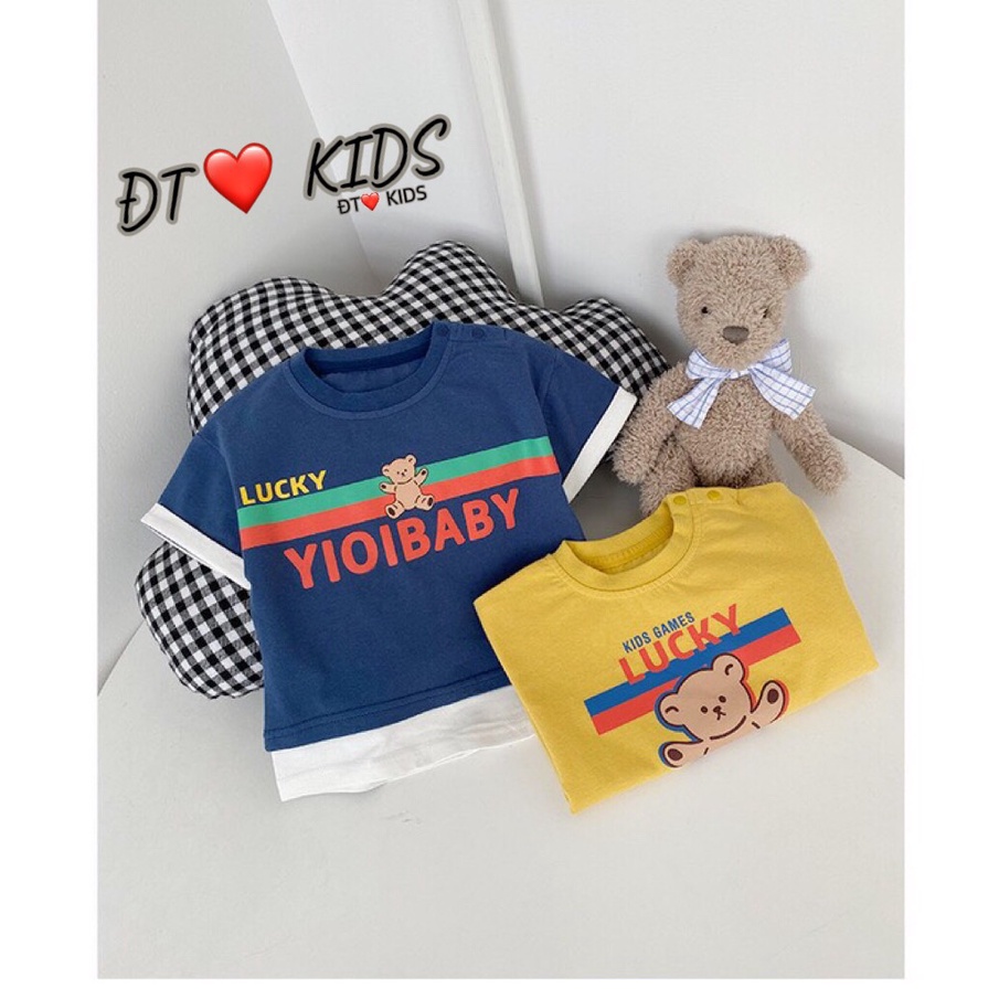 Bộ cộc tay thể thao bé trai, Sét quần áo Hàn quốc hình gấu Lucky vạt trắng khỏe khoắn cho bé trai