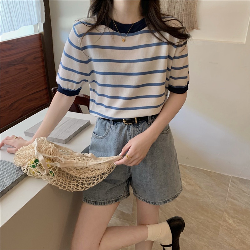 Áo Thun Dệt Kim Tay Ngắn Cổ Tròn Kẻ Sọc 4 Màu Lựa Chọn Phong Cách Hàn Quốc Cho Nữ