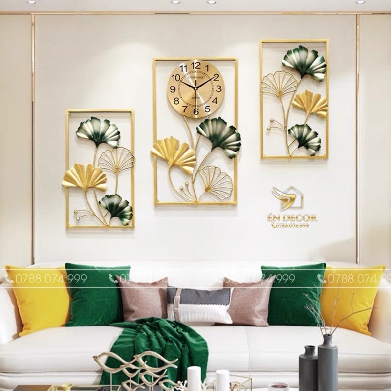 Đồng Hồ Treo Tường, Đồng Hồ Trang Trí, 3 Bức Lá Ngân Hạnh Kim Trôi Thép Tĩnh Điện Én Decor