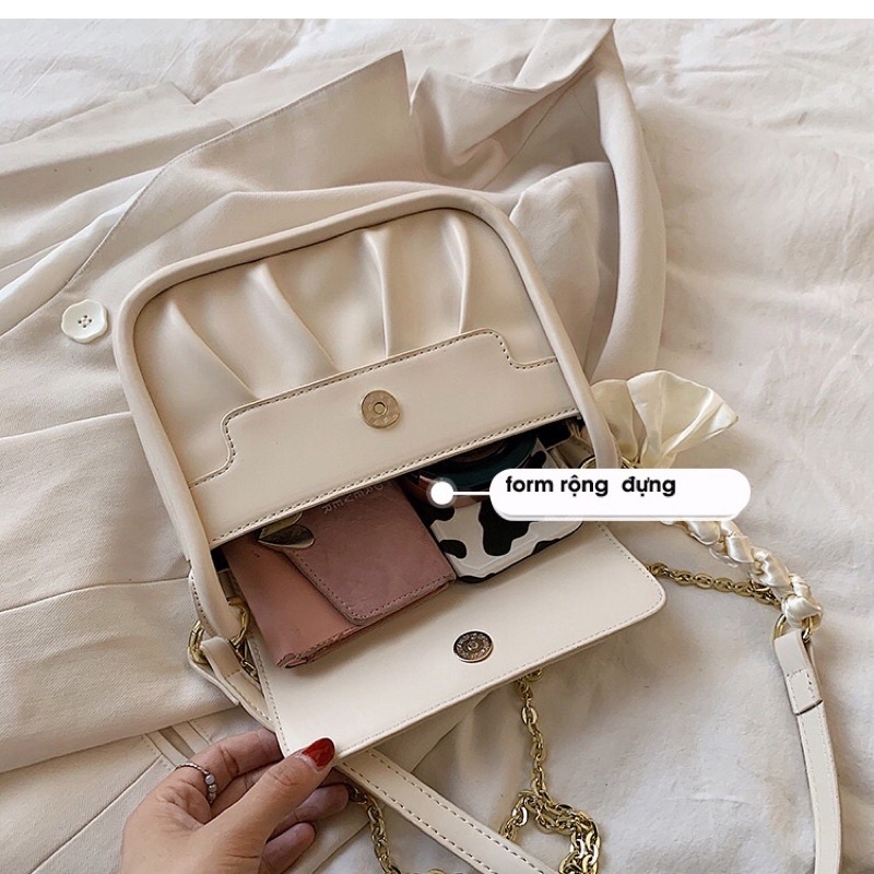 Túi đeo chéo nữ da nhúm khoá cúc dây đeo kèm khăn Zulias