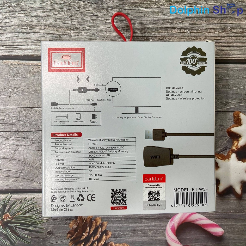 HDMI Không Dây Earldom W3+ Hỗ Trợ Độ Phân Giải 4K Dùng Cho Điện Thoại, Laptop Kết Nối Với Tivi, Máy Chiếu